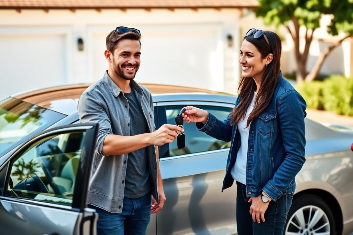 Couple receiving car keys next to their sedan in a suburban driveway